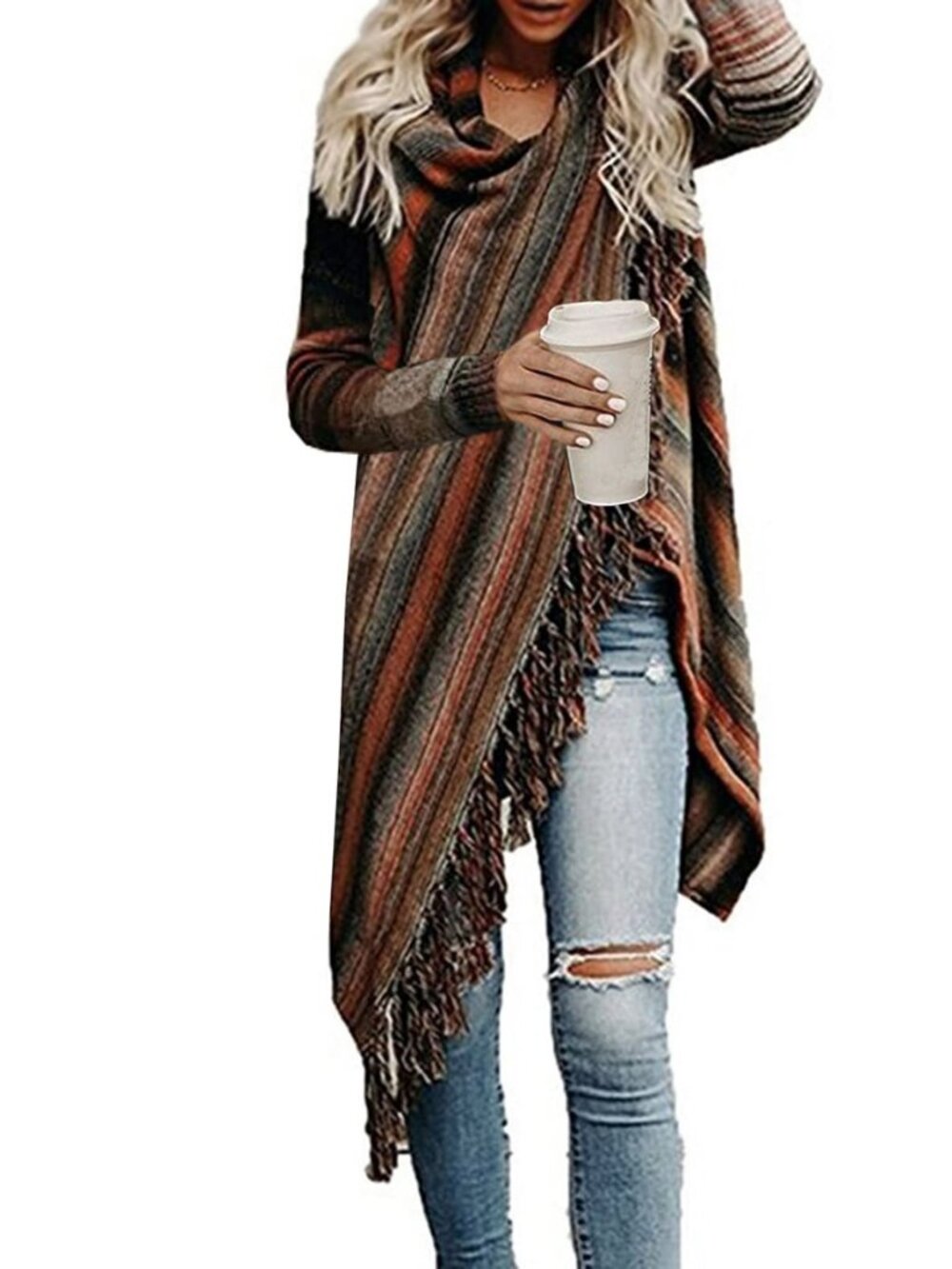 Women's Open Front Knited Tassels Slash Loose Cardigan Crew Neck Speckled Fringe